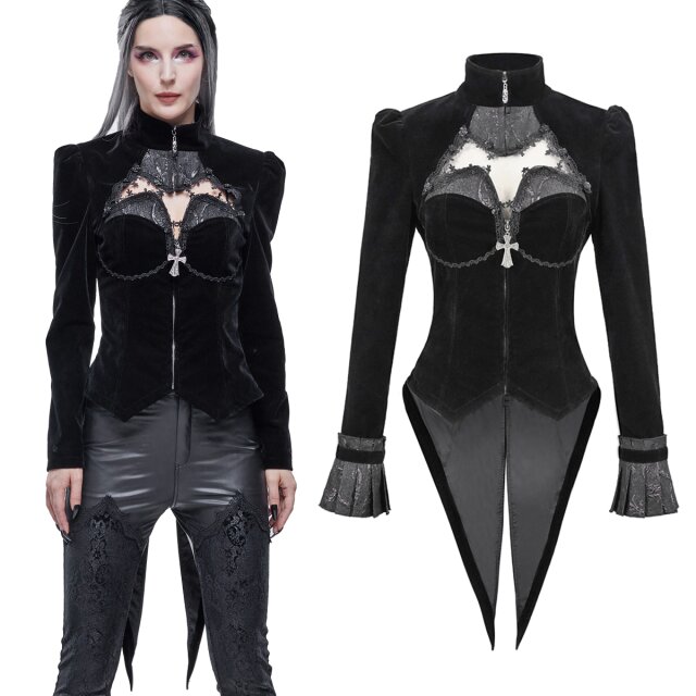 Devil Fashion viktorianischer Damen-Samtfrack (CT161) mit raffiniertem Cut-Out auf dem Dekolleté, Akzenten aus glänzendem Jacquard, hohem Stehkragen sowie abnehmbaren Plissee-Manschetten.