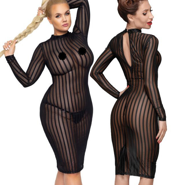 Noir Handmade pencil dress (F182 & F270) with narrow stand-up collar, long sleeves in semi-transparent mesh with vertical stripes.