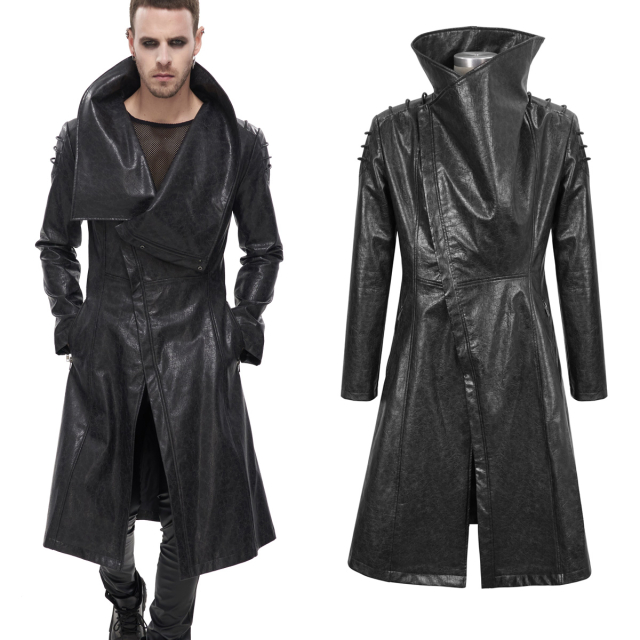 Devil Fashion Herren-Mantel (CT18001) aus schwarzem, genarbtem Kunstleder mit dramatisch wirkendem Kragen zum Aufstellen und Schulterdetails im Look einer futuristischen Uniform.