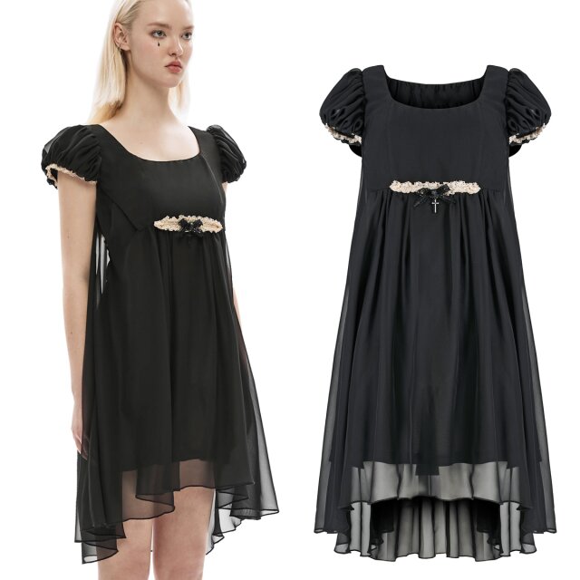 PUNK RAVE Gothic Minikleid (OPQ-1231BK) im Babydoll Look mit kurzen Puffärmeln und bezaubernder Empire Linie. Details aus creme-weißer Häkelspitze.