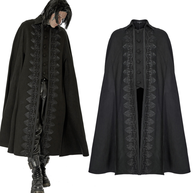 PUNK RAVE long mens cape (WY-1411 BK) in elegant Victorian Goth look made of soft imitation wool with noble wide lace border at the front with buttoned insert in waistcoat look.