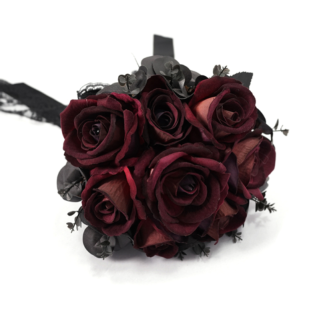 Eva Lady artificial bouquet (EAS013) of dark red velvety roses with a stamp of a black pearl, smaller jet black flowers tied together with a satin and lace ribbon to form an elegant bouquet