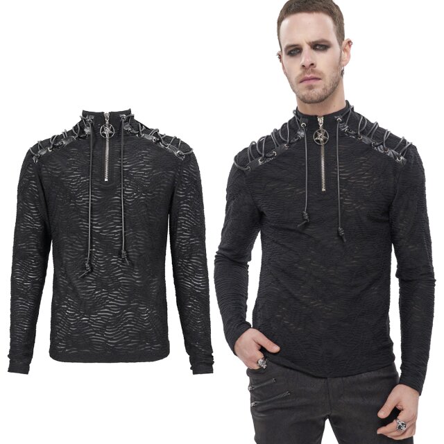 Devil Fashion Gothic Langarm-Shirt (TT217) in fetzigem Destroyed Look mit Kunstleder-Details und Schnürung auf den Schultern, Turtle-Neck und Reißverschluss mit auffälligem Pentagramm-Anhänger