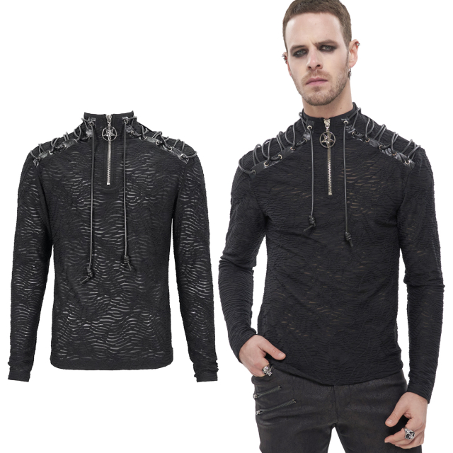 Devil fashion gothic longsleeve shirt (TT27) in trendy destroyed look with faux leather details and lacing on the shoulders, turtle neck and zip with eye-catching pentagram pendant