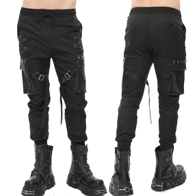 Devil Fashion Cargo Joggers (PT186)  im Techwear Stil mit Nieten- Ösen-Verzierung sowie den obligatorischen Nylonriemen und Cargo-Taschen aus Kunstleder. Eingriff- und Cargo-Taschen mit Lack-Details