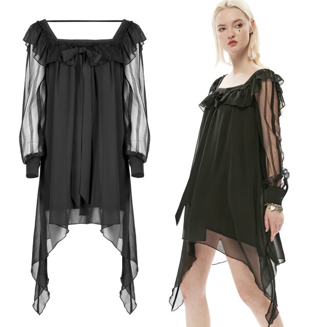 PUNK RAVE gothic mini dress (OPQ-1232LQF) made of chiffon optionally in black or cream white with fringes at the hem, semi-transparent sleeves and large, frilly florentine neckline as well as detachable bow.