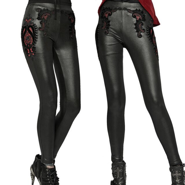 PUNK RAVE Leggings (WK-516BK-RD) in glänzendem Wetlook-Material in Leder-Optik mit romantischen, rot-unterlegten Spitzendetails auf Hüfte und Oberschenkel.