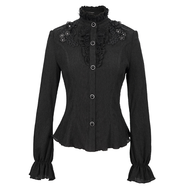 High-collared crêpe blouse Black Roses with 3D flowers