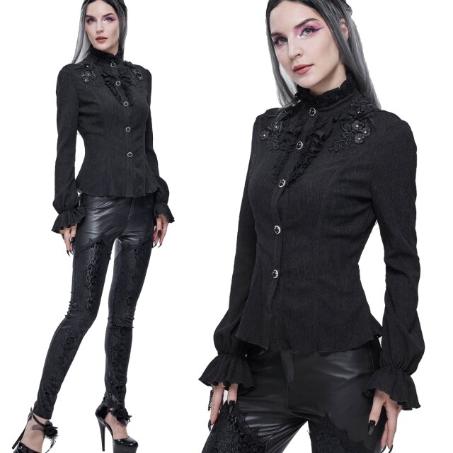 Hoch-geschlossene Crêpe Bluse Black Roses mit 3D Blüten XS