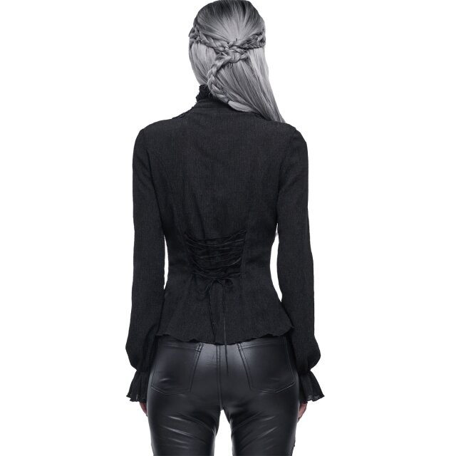 Hoch-geschlossene Crêpe Bluse Black Roses mit 3D Blüten XS