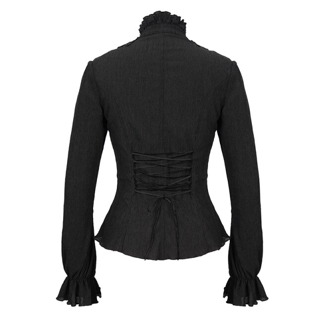 Hoch-geschlossene Crêpe Bluse Black Roses mit 3D Blüten XS