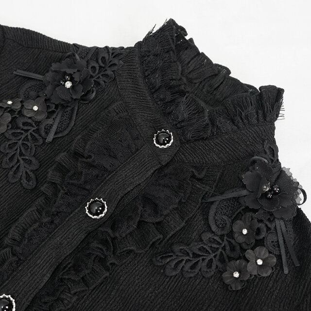 Hoch-geschlossene Crêpe Bluse Black Roses mit 3D Blüten XS