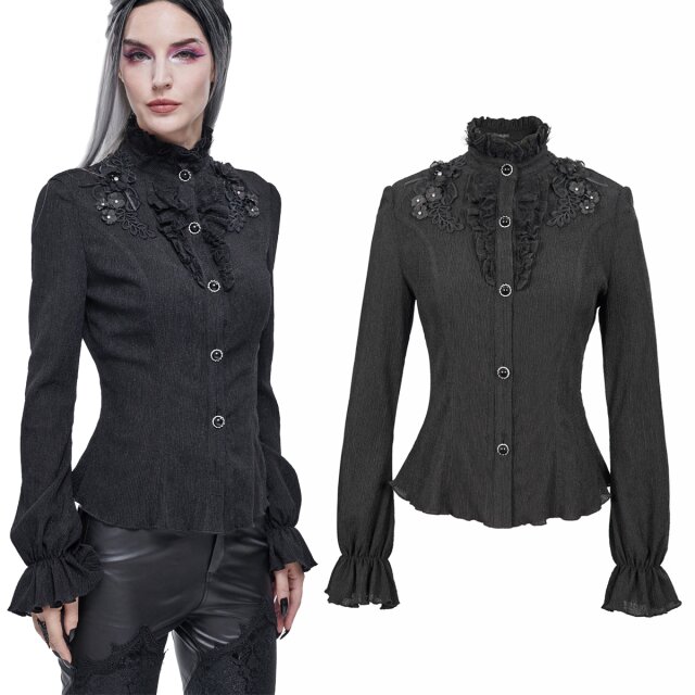 Dunkelromantische Devil Fashion Gothic-Bluse (SHT07601) aus sehr elastischem Crêpe mit einem Hauch barockem Charme durch weite Bischofsärmel mit Trompeten-Manschetten und aufwendiger Spitzenapplikation mit 3D-Blüten im vorderen Schulterbereich