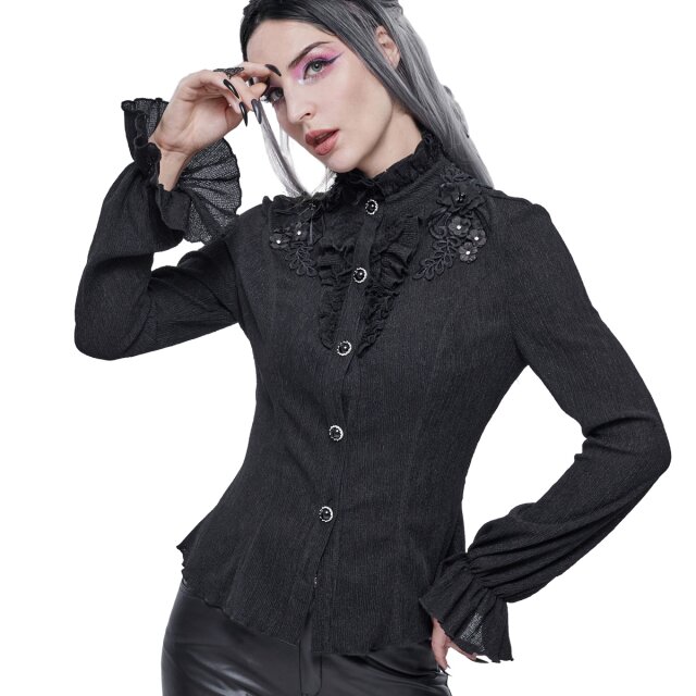 Hoch-geschlossene Crêpe Bluse Black Roses mit 3D Blüten XS