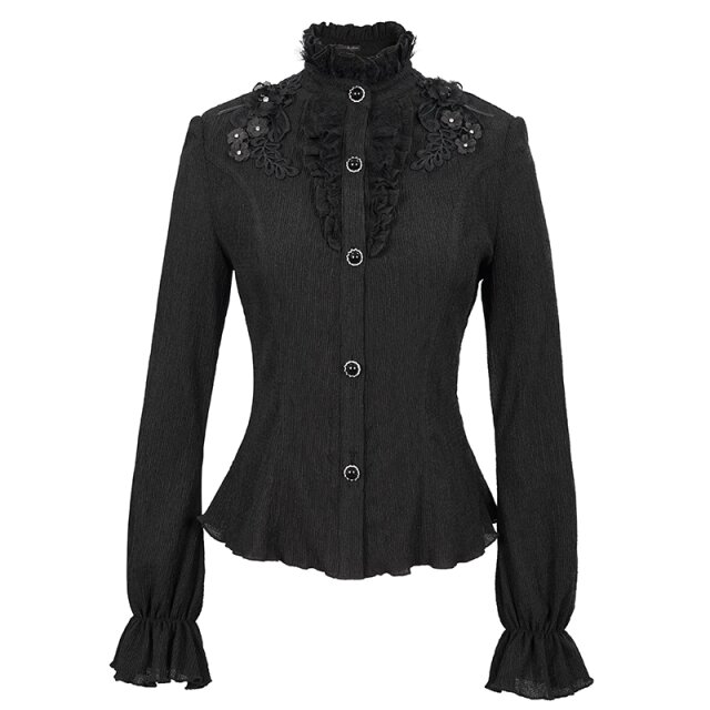 Hoch-geschlossene Crêpe Bluse Black Roses mit 3D Blüten XS