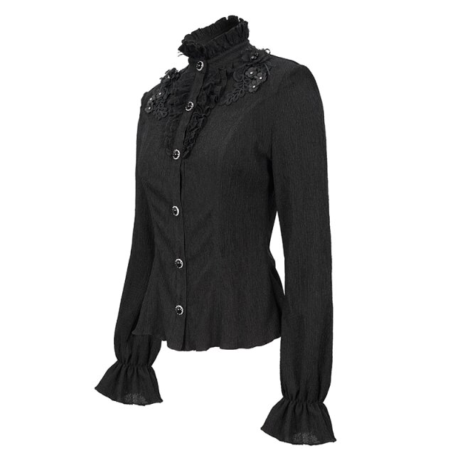 Hoch-geschlossene Crêpe Bluse Black Roses mit 3D Blüten XS