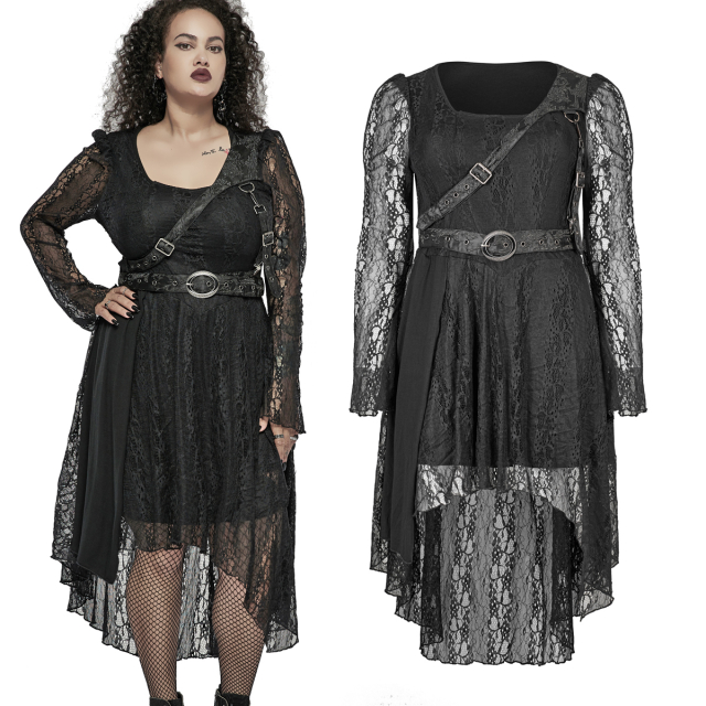 PUNK RAVE hi-lo dress (DQ-579 BK) from the plus size collection made of super-stretchy lace and sophisticated belt details on the bust.