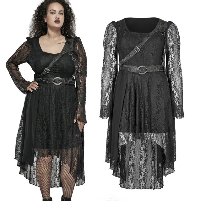 PUNK RAVE Vokuhila Kleid (DQ-579 BK) aus der Plus Size Kollektion aus super-elastischer Spitze und raffinierten Gürtel-Details am Oberkörper.