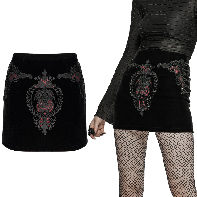 PUNK RAVE velvet mini skirt (WQ-566BK-RD) with blood-red underlaid lace ornaments and dark romantic borders