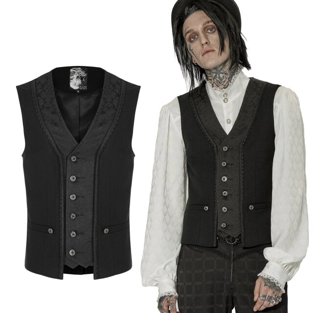 Einreihige PUNK RAVE Victorian-Goth Weste (WY-1443BK) im Lagen-Look mit edlem Brokateinsatz und Borte vorne, aufwendig verzierten Knöpfen und klassischen Spitzen am Saum vorne.