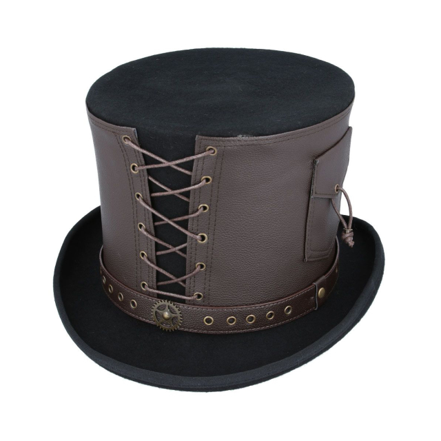 Hochwertiger Steampunk-Zylinder aus Wolle mit breitem dunkelbraunen Kunstleder-Hutband mit dekorativer Schnürung, Pattentasche und Zahnrad-Detail