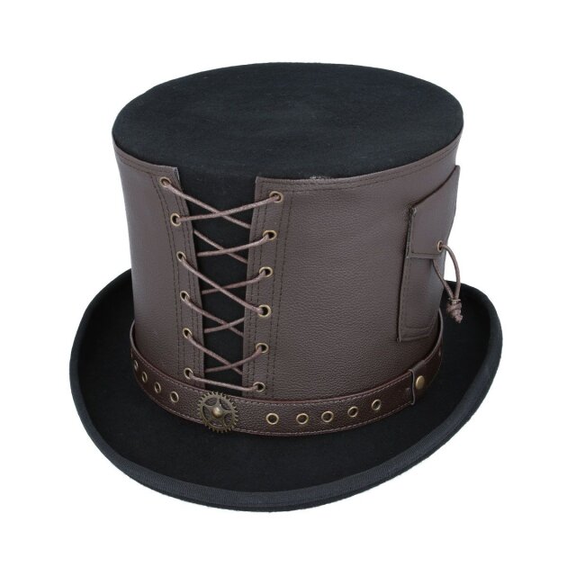 High quality steampunk top hat made of wool with wide dark brown faux leather hatband with decorative lacing, flap pocket and cogwheel detail
