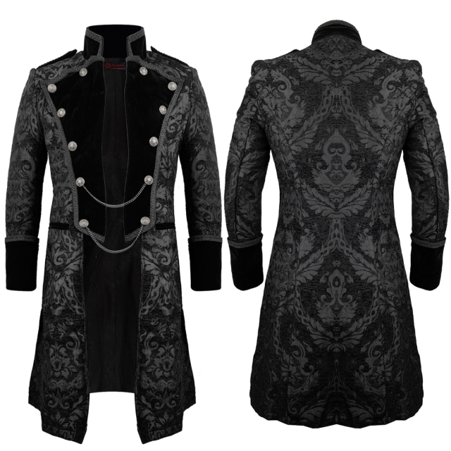 Victorian gothic short coat in two colour variations (black-silver & black-uni) made of heavy brocade with lapels and turn-up cuffs made of black velvet.