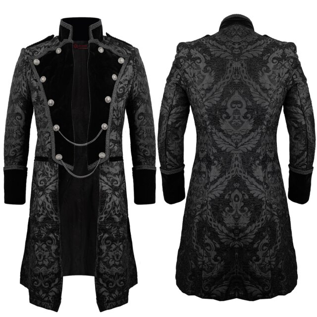 Dunkelromantischer Gothic Cutaway aus edlem Brokat mit Revers und Umschlagmanschetten aus tiefschwarzem Velours. Eingesetzte, angedeutete Weste.