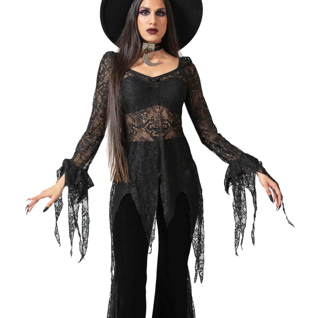 KILLSTAR long-sleeved shirt made of elastic lace. With long sleeves with fringed trumpet cuffs as well as hem with long tails.