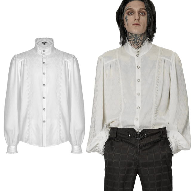 Creamy white Punk Rave mens shirt (WY-1409WH) in noble Victorian Gothic style. Stand-up collar, wide puffy poet sleeves with discreetly placed lace trim as well as exquisitely decorated buttons for silky soft elegance.