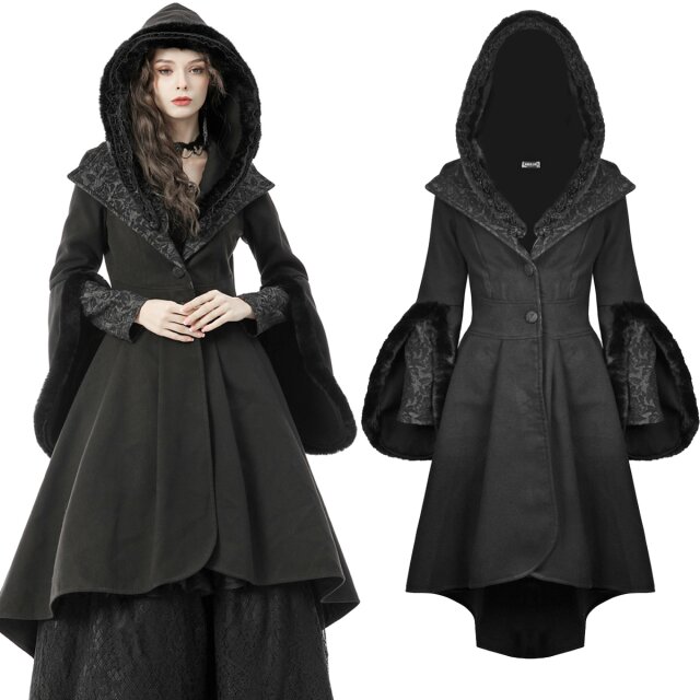DARK IN LOVE gothic coat (JW123-BK) shorter at the front than at the back made of soft fleece with a large detachable hood with cleverly cut double-layered sleeves and fake fur trimmings.