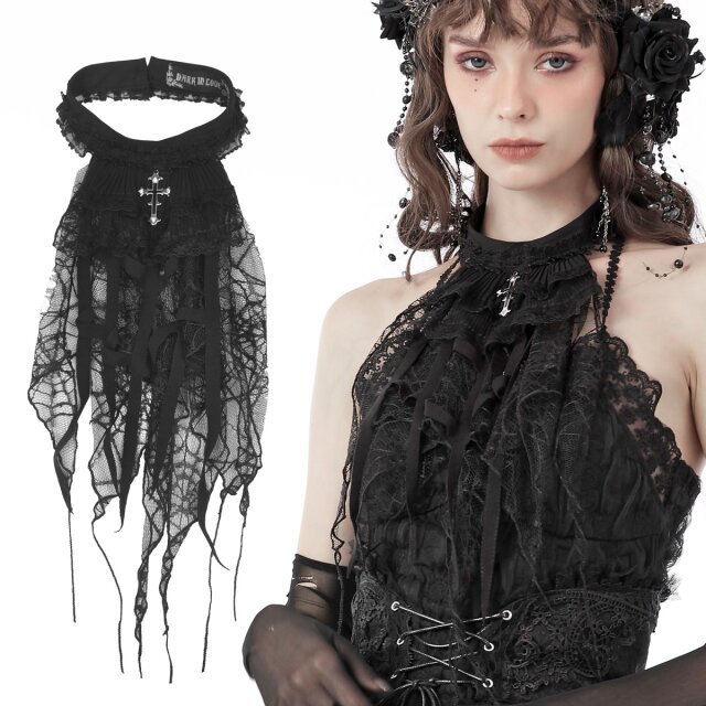 Dark In Love Jabot / Plastron (ACK137) in fransiger Witchcraft Optik mit Spinnennetz-Spitze, netzartig angeordneten Bändern und Plissee-Rüsche sowie großem Kreuz-Anhänger