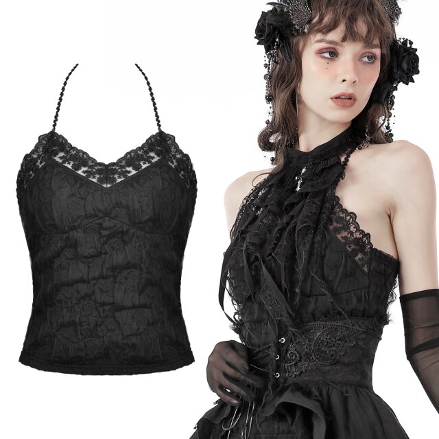 Dark In Love dark romantic halter top (TW436) with wrinkled mesh overlay and discreetly woven rose pattern as well as wide floral lace border at the neckline.