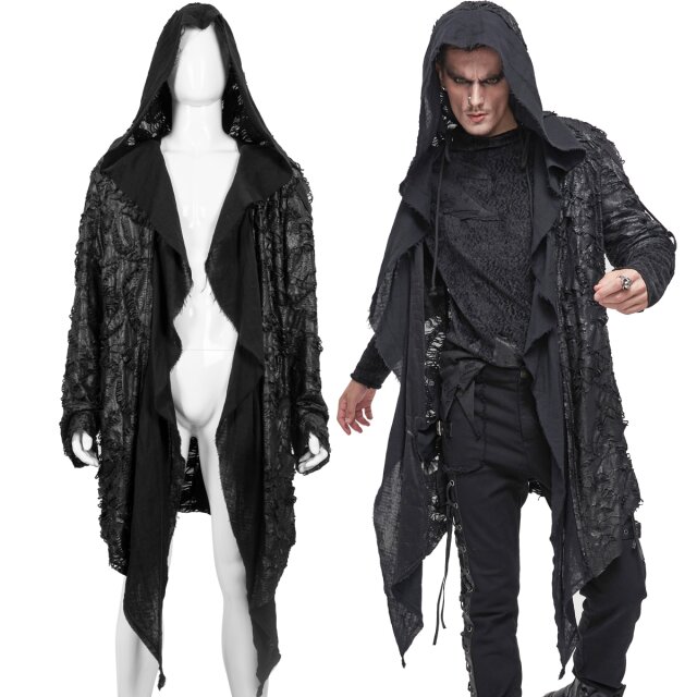 Devil Fashion Fetzenjacke (CT177) mit großer Kapuze, Saum vorne spitz zulaufend und fransig mit großem halbtransparentem Mesh-Kreuz auf dem Rücken und Pentagramm-Details auf den Ärmeln.