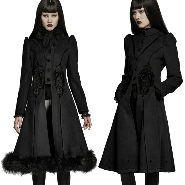 Victorian PUNK RAVE womens coat WY-1414BK made of imitation wool, calf-length with detachable faux fur trim at the stand-up collar and hem, lacing at the back and large romantic lace appliqués at the front