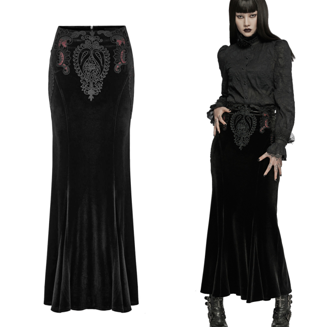 Long slim Punk Rave velvet skirt (WQ-567) with precious blood red lace ornaments on the front and hips.