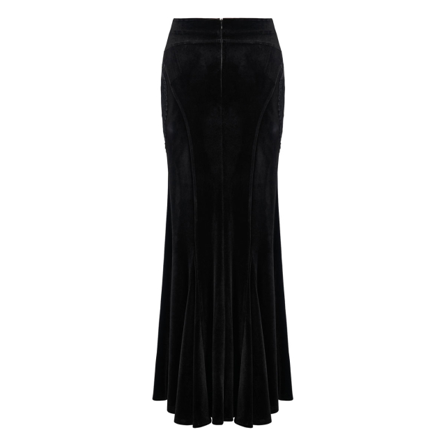 Long Slim Velvet Skirt Blutgräfin with Lace and Red Details