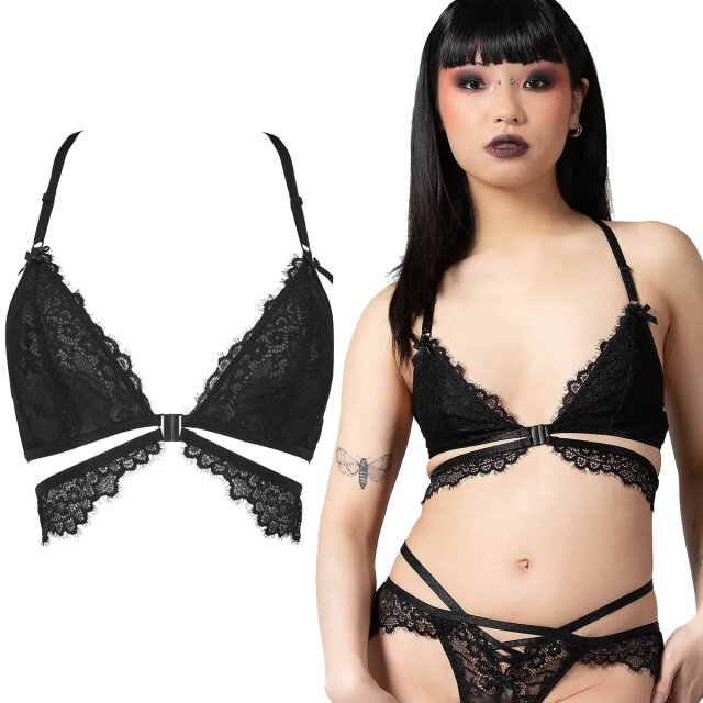 KILLSTAR Spitzen-BH mit Frontverschluss und aufwendig angeordneten Bändern am Rücken sowie rund um dem Oberkörper - ideal für Tops und Kleider mit tiefem Rückenausschnitt