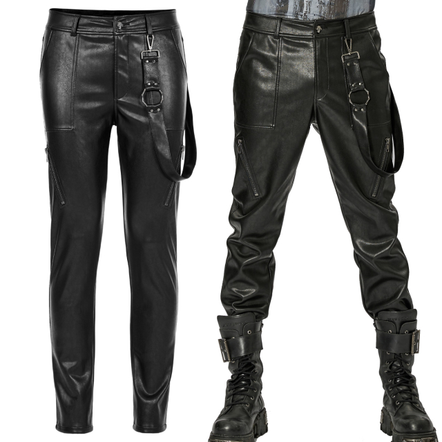 PUNK RAVE faux leather trousers (WK-519BK) made of very robust veggie leather with patch pockets, decorative zips and detachable strap with O-ring.