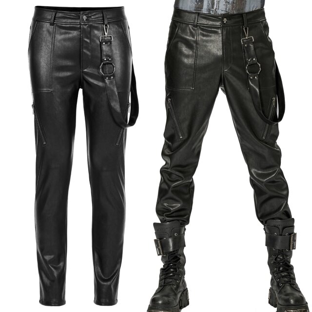 PUNK RAVE faux leather trousers (WK-519BK) made of very robust veggie leather with patch pockets, decorative zips and detachable strap with O-ring.