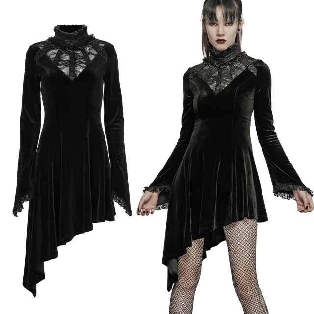 High-collared PUNK RAVE velvet dress (WQ-584-BK) with asymmetrical hemline and lace neckline with ruffle collar and velour straps.