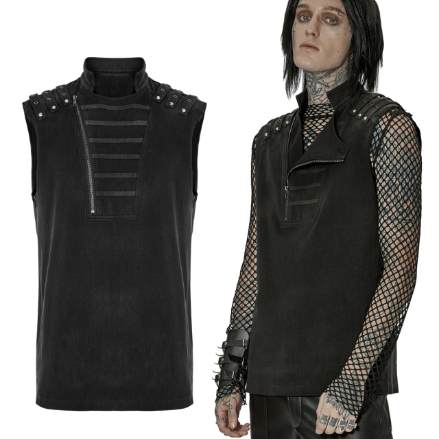 Washed-out Punk Rave waistcoat shirt (WT-757BK) with diagonal zip at the front and cross straps as well as shoulder pieces in uniform look. With stand-up collar.