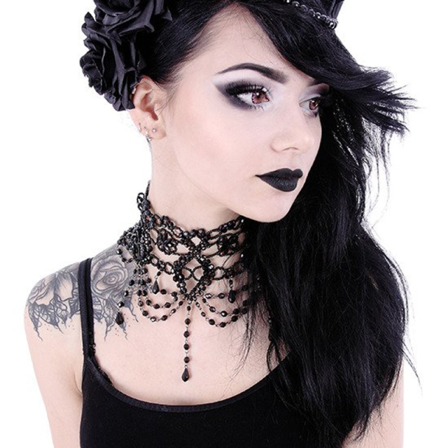 Wide Victorian restyle choker made of black beads with...