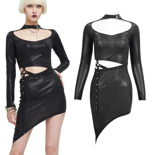 Devil Fashion Cyber-Goth mini dress (SKT154) made of shiny, very elatic fine stretch material with longitudinal stripe structure. Large cut-outs on the neckline and waist as well as cool strap decoration with spiked rivets.