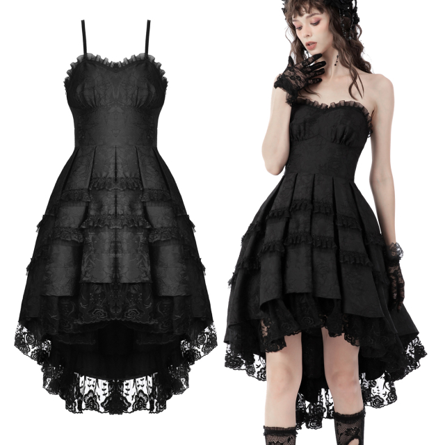 Dark in Love hi-lo corsage dress (DW678) in silky jacquard with lace flounce and ruffles and large bow at back