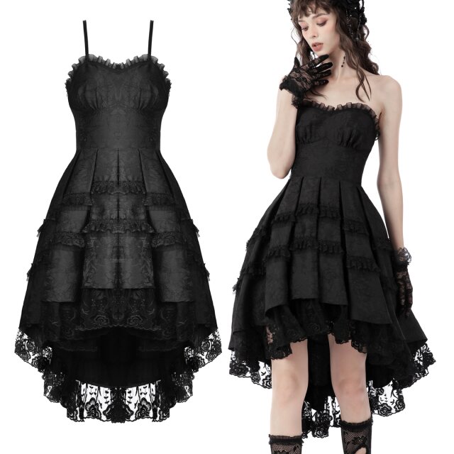 Dark in Love hi-lo corsage dress (DW678) in silky jacquard with lace flounce and ruffles and large bow at back