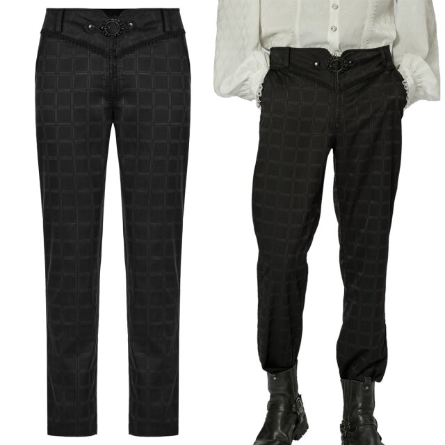 PUNK RAVE elegant steampunk trousers (WK-528) with a discreet check pattern, a wide waistband that tapers down to a point at the front, lace trim and an eye-catching, beaded buckle.