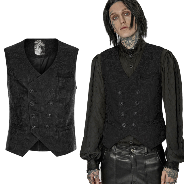 Victorian brocade waistcoat (WY-1436BK) by PUNK RAVE double-breasted buttoned without collar with decorative buttons, welt pockets, lace-trimmed breast pocket with decorative chain as well as baroque buckle at the back