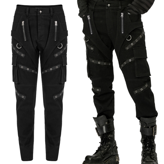 Black PUNK RAVE stretch jeans (WK-533) in post-apocalypse style with patch cargo pockets in worker style as well as riveted straps, decorative zips and wacky pocket design in harness look
