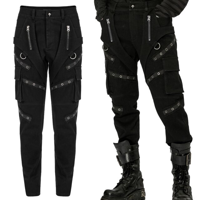 Black PUNK RAVE stretch jeans (WK-533) in post-apocalypse style with patch cargo pockets in worker style as well as riveted straps, decorative zips and wacky pocket design in harness look